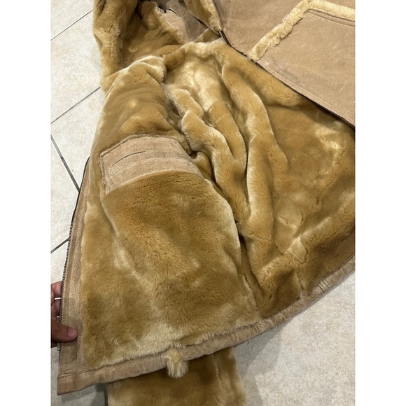 Baby Phat Tan Suede Faux Fur Shearling Jacket Zip Split Hood Vintage Y2K Womens - Picture 4 of 6